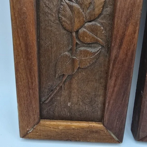 2 Antique Vtg Handcarved Wooden Panel Upcycled Plant Flower Wall Hangings